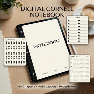 Digital Cornell Notebook for GoodNotes and Notability | 80 Chapters Hyperlinked Journal | Minimalist Black Beige Aesthetic iPad Planner