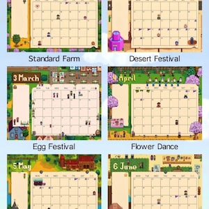 May include: A collection of six monthly calendars, each featuring a different themed background and event. The calendars are for January, February, March, April, May, and June. Each calendar has a grid layout with dates and illustrations.