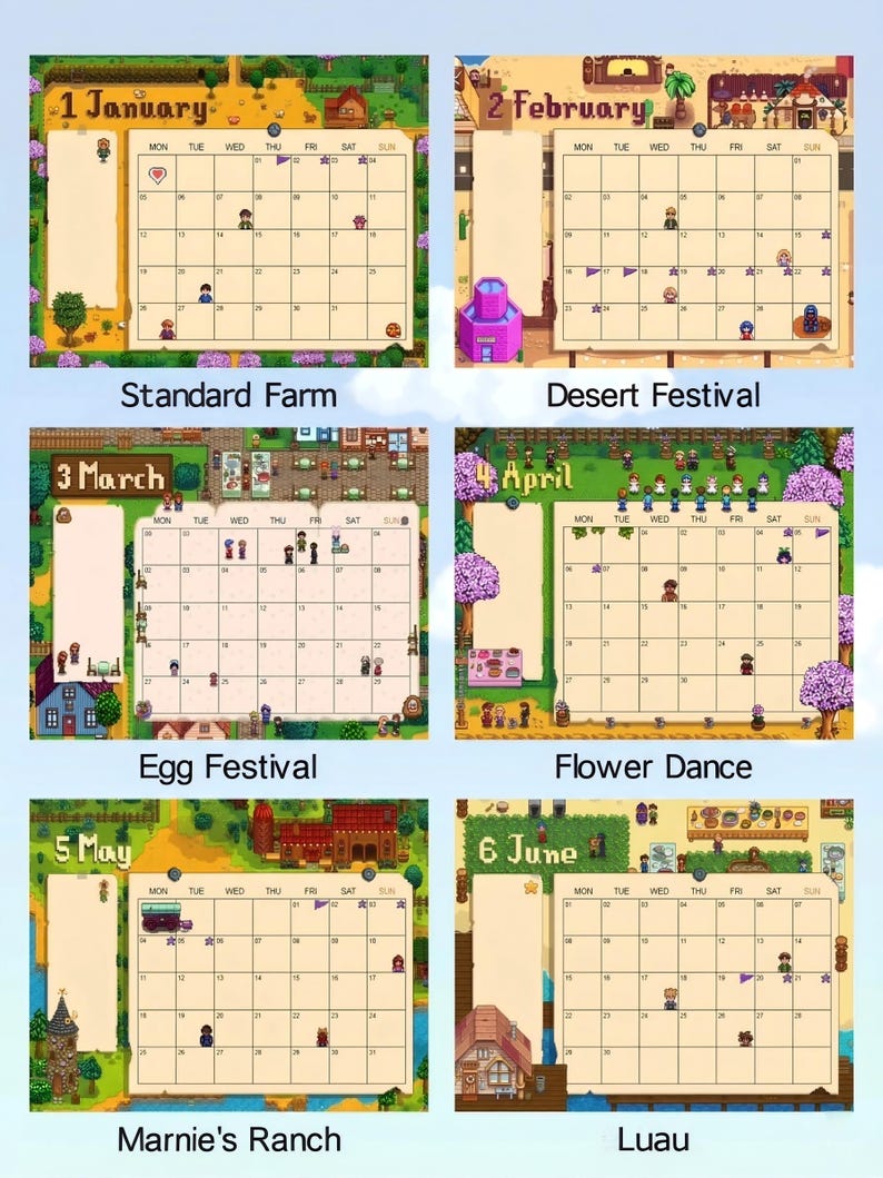 May include: A collection of six monthly calendars, each featuring a different themed background and event. The calendars are for January, February, March, April, May, and June. Each calendar has a grid layout with dates and illustrations.