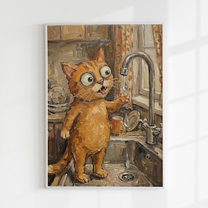 Lámina decorativa de pared con diseño de gato naranja fascinado por un grifo que gotea, descarga digital de animales divertidos, decoración de gatitos de arte popular, lámina imprimible de gato atigrado jengibre gracioso.