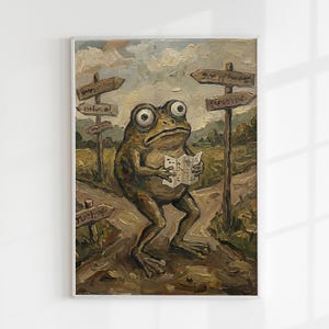 Puede incluir: Pintura al óleo de una gran rana con ojos grandes, leyendo un mapa en una encrucijada. Señales de madera indican diferentes direcciones. La obra de arte tiene un estilo ilustrativo caprichoso con una paleta de colores apagados.