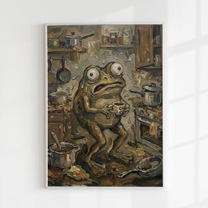 May include: An oil painting shows a large frog in a chaotic kitchen, holding a cup. The frog has large eyes and looks stressed. Pots, pans, and food are scattered around the stove and countertops, creating a messy and humorous scene.