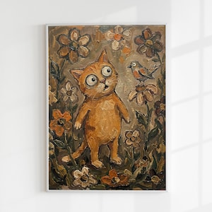 Lámina decorativa de gato naranja mirando a un pájaro en el jardín, descarga digital de animales graciosos, decoración de gatitos de arte popular, lámina imprimible de gato atigrado confundido y divertido
