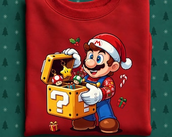 Mario Christmas Sweatshirt, Santa Mario Mystery Box Crewneck, Cute Super Mario Holiday Sweater