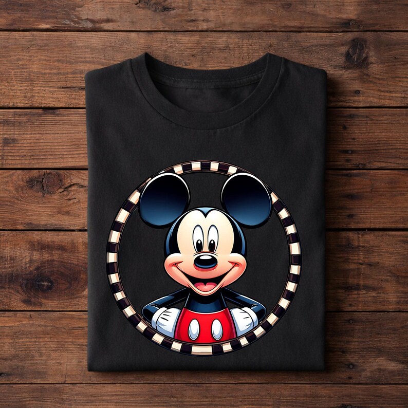 May include: Black t-shirt featuring a colorful graphic of Mickey Mouse. The cartoon character is smiling, wearing red shorts and white gloves, and framed by a black and white striped circle. The shirt is folded on a wooden surface.