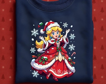 Princess Peach Christmas Sweatshirt, Santa Peach Holiday Crewneck, Cute Super Mario Christmas Sweater