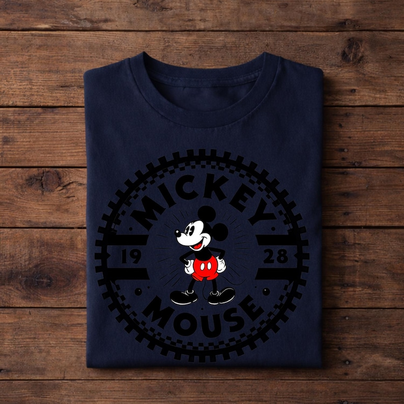 K&ouml;nnte beinhalten: Marineblaues T-Shirt mit einem kreisf&ouml;rmigen Mickey Mouse-Motiv. Die Grafik enth&auml;lt die Worte "Mickey Mouse" und das Jahr "1928". Mickey Mouse wird in seiner klassischen Pose mit roter Hose und wei&szlig;en Handschuhen dargestellt.