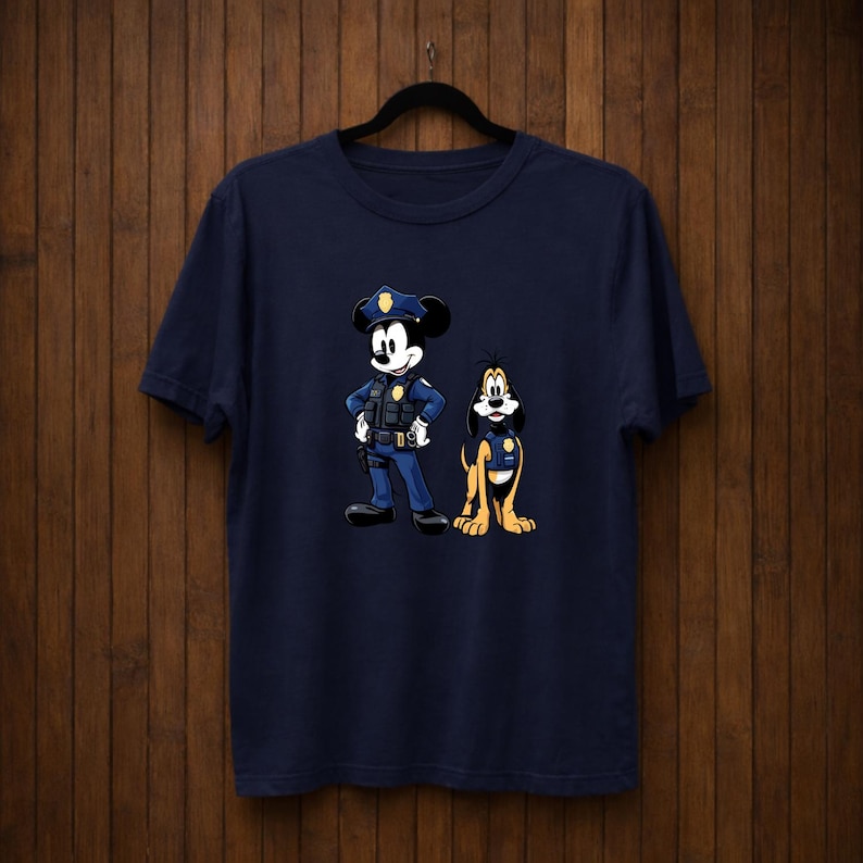 May include: Navy blue t-shirt featuring a cartoon illustration of Mickey Mouse and Pluto dressed as police officers. Mickey Mouse is wearing a police uniform and hat, while Pluto has a police badge. The design is centered on the front of the shirt.