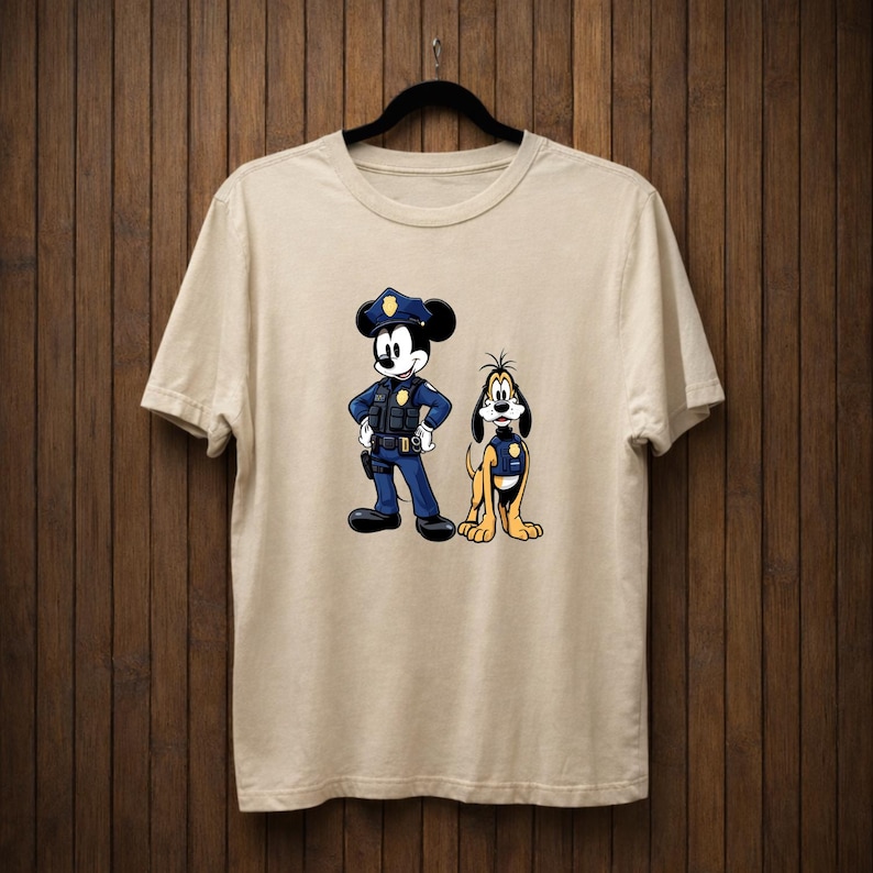 May include: Beige t-shirt featuring a cartoon illustration of Mickey Mouse and Pluto dressed as police officers. Mickey Mouse is in a blue uniform with a police hat, and Pluto is in a yellow uniform.