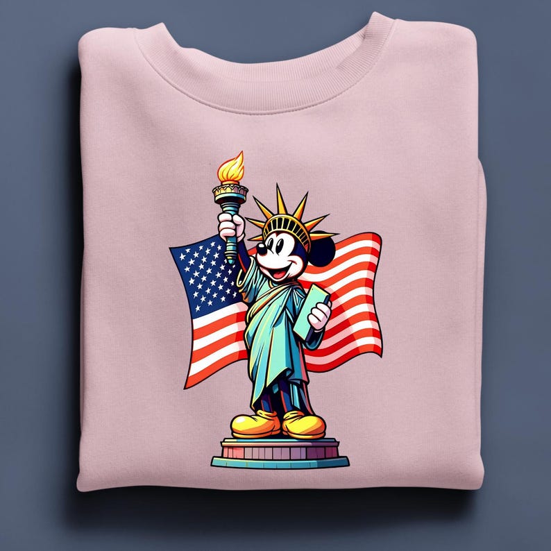 Puede incluir: Sudadera rosa claro con una ilustraci&oacute;n de dibujos animados de Mickey Mouse como la Estatua de la Libertad, sosteniendo una antorcha y una tableta, con una bandera estadounidense de fondo. El dise&ntilde;o es colorido y patri&oacute;tico.