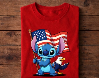Camiseta patriótica Stitch del 4 de julio, camiseta con águila y bandera estadounidense