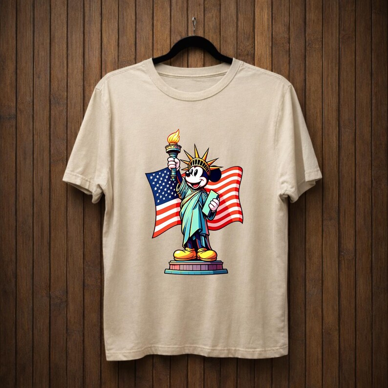 May include: Beige t-shirt featuring a cartoon depiction of Mickey Mouse as the Statue of Liberty, holding a torch and a tablet, with an American flag in the background. The design is colorful and patriotic.