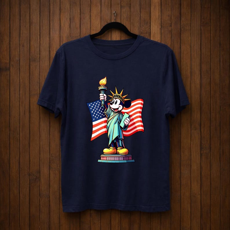 May include: Navy blue t-shirt featuring a cartoon character dressed as the Statue of Liberty, holding a torch and a tablet, with an American flag in the background. The design is colorful and patriotic.