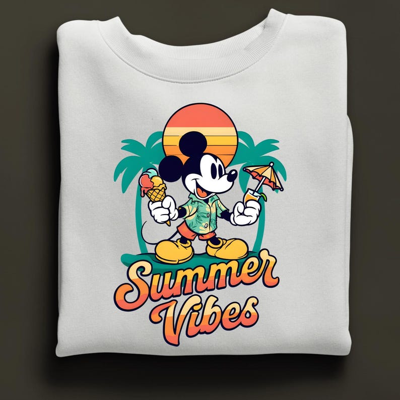 May include: White sweatshirt featuring a cartoon Mickey Mouse design. Mickey is holding an ice cream cone and a tropical drink, with a sunset and palm trees in the background. The words "Summer Vibes" are written in a retro font.