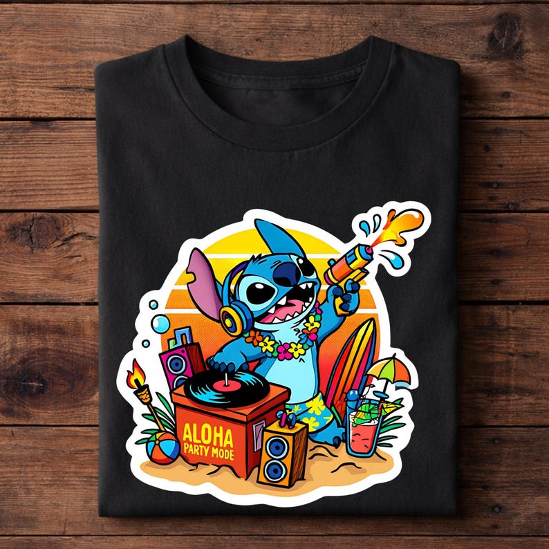 May include: Black t-shirt featuring a colorful graphic of Stitch from Lilo & Stitch. Stitch is holding a water gun, wearing headphones, and surrounded by tropical elements. The text "ALOHA PARTY MODE" is also visible.