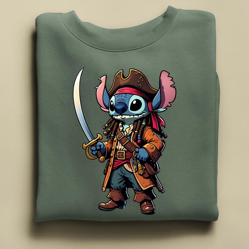 May include: Green sweatshirt featuring a cartoon character dressed as a pirate. The character is blue with large ears, wearing a brown pirate hat, coat, and holding a sword. The design is centered on the front of the sweatshirt.