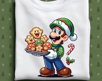 Luigi Christmas Sweatshirt, Santa Luigi Cookie Crewneck, Cute Super Mario Holiday Sweater