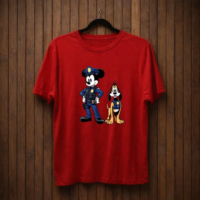 May include: A red t-shirt featuring a cartoon illustration of Mickey Mouse and Pluto dressed as police officers. Mickey Mouse is wearing a blue police uniform and hat. Pluto is wearing a police vest. The shirt is hanging on a black hanger.