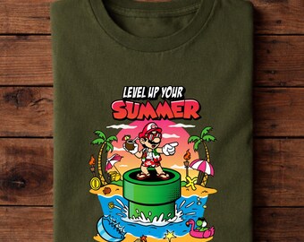 Funny Mario Summer Beach T-Shirt, Retro Gaming Level Up Tee