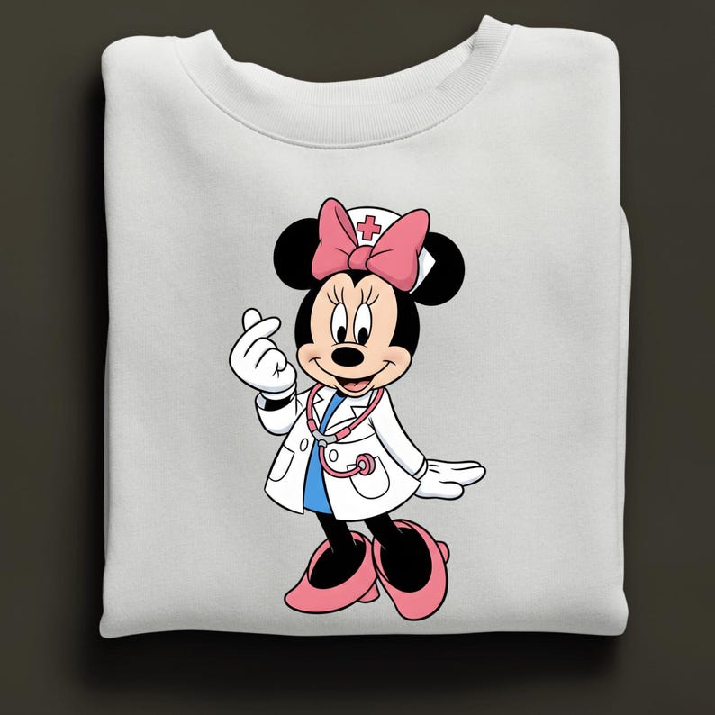 Puede incluir: Sudadera blanca con Minnie Mouse vestida de enfermera. El dise&ntilde;o muestra a Minnie Mouse con una bata blanca, un lazo rosa y un estetoscopio. La ilustraci&oacute;n colorida est&aacute; impresa en una sudadera blanca.