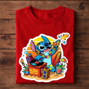 May include: Red t-shirt featuring a cartoon character, holding a water gun, wearing headphones, and a flower lei. The design includes a record player, surfboard, and the text "ALOHA PARTY MODE".