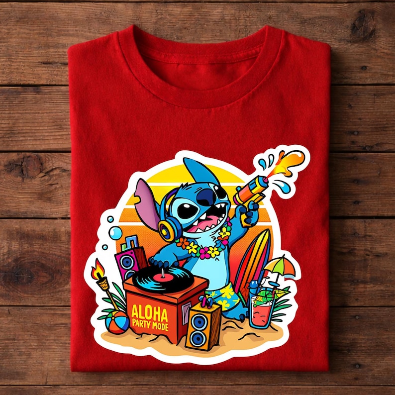 May include: Red t-shirt featuring a cartoon character, holding a water gun, wearing headphones, and a flower lei. The design includes a record player, surfboard, and the text "ALOHA PARTY MODE".