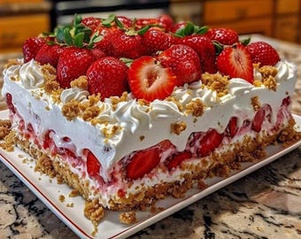 May include: A square strawberry dessert with layers of graham cracker crust, fresh strawberries, and whipped cream. The top is decorated with whole strawberries and dollops of whipped cream, with crumbs around the edges. The dessert is on a white plate.