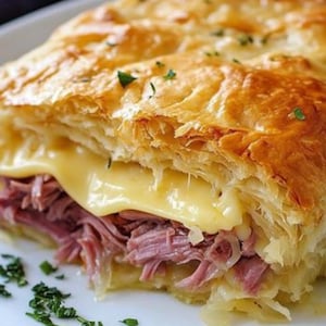 May include: A savory pastry dish featuring a golden-brown, flaky puff pastry crust layered over a thick slice of melted yellow cheese and a generous portion of shredded, cooked pink meat, garnished with small flecks of green herbs on the plate.