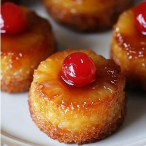 May include: A group of small, round pineapple upside-down cakes, each featuring a golden-brown caramelized cake base topped with a circular slice of pineapple and a single, bright red maraschino cherry centered in the middle of the fruit.
