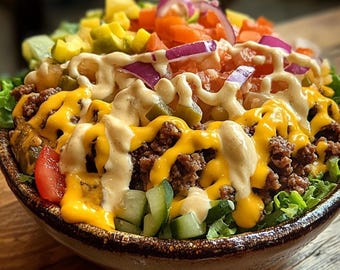 Bästa receptet på en enkel cheeseburger bowl | Proteinrik och kolhydratsnål middag | Familjevänlig måltid i PDF-format | Direktnedladdning