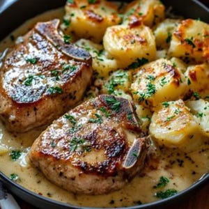 Puede incluir: Dos chuletas de cerdo con hueso selladas, servidas en una salsa cremosa con trozos de patata dorados al horno. El plato está adornado con hierbas verdes finamente picadas y presentado en una sartén redonda oscura, resaltando las texturas.