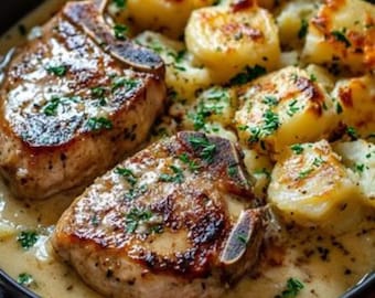 La migliore ricetta per costolette di maiale al burro e aglio con patate al forno e formaggio (PDF) / Cena facile per tutta la famiglia, classico comfort food, download immediato