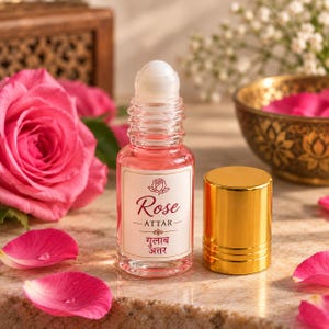 May include: A clear glass roll-on bottle filled with pink rose attar oil. The label features a rose illustration and the text Rose ATTAR and the Hindi text for rose attar. The bottle has a white roller ball and a shiny gold cylindrical cap.