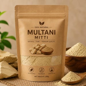May include: A brown paper bag of Multani Mitti, a natural clay powder, with the text "100% Natural Multani Mitti". The bag is displayed with a wooden bowl of powder, a wooden spoon, and rough-cut clay pieces. Net weight: 200g.
