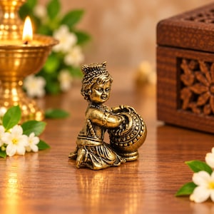 Mini Brass Bal Krishna Idol – Laddu Gopal Makhan Chor Statue (1,1 tum)