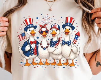 4th of July Goose PNG, Patriotic Goose Squad with Fireworks, Red White & Goose Funny American Sublimation Design, Instant Download DTF Print