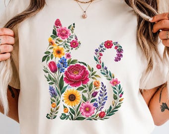 Floral Cat PNG Digital Download, Wildflower Cat Sublimation Design, Cat Mom DTF Print, Boho Floral Kitten Shirt Graphic, Cat Lover Gift