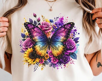 Leopard Butterfly Sunflower PNG, Purple Rose Leopard Print Sublimation Design, Gold Splatter Summer Floral Graphic, Instant Download
