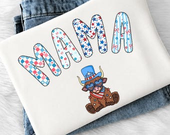 Patriotic Mama Highland Cow PNG | 4th of July Mama Shirt Design, Red White Blue Cow Sublimation, Western Farm Mom Digital Download