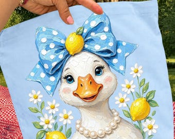 Lemon Goose Sublimation PNG, Cute Summer Duck with Bow & Pearls, Daisy Floral T-Shirt Design, Digital Download for Tumblers and Tote Bags
