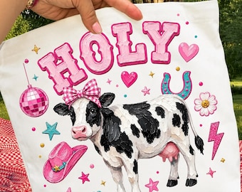 Holy Cow PNG Digital Download, Funny Western Sublimation Design, Cowgirl DTF Print, Pink Disco Cow Shirt Graphic, Sassy Country Girl Tee