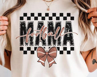 Football Mama Sublimation PNG, Coquette Bow Game Day Shirt Design, Retro Checkered Distressed Mom Tee, Digital Download for Sublimation