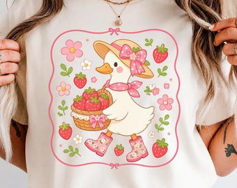 Strawberry Coquette Goose PNG for Shirts, Goose Mama Summer Sublimation Design, Cute Girly Cottagecore Bow Spring Goose, Instant Download