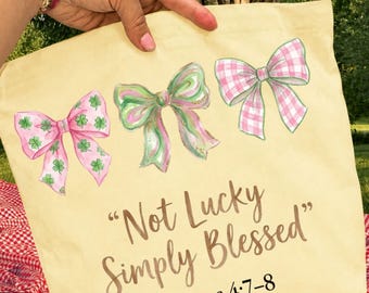 Not Lucky Simply Blessed PNG, St Patricks Day Sublimation, Coquette Bow Shamrock Clipart, Christian Tote Bag Design Download