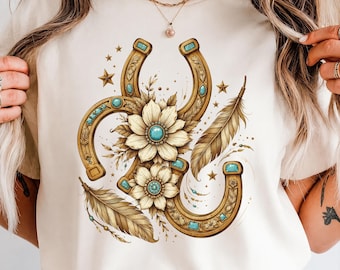 Western Horseshoe PNG Sublimation Design, Turquoise Boho Cowgirl Shirt PNG, Floral Feather Western Tee Digital Download