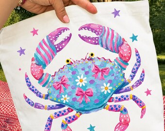 Cute Crab PNG Digital Download, Coquette Bow Crab Sublimation Design, Colorful Beach DTF Print, Preppy Ocean Crab Shirt Graphic File