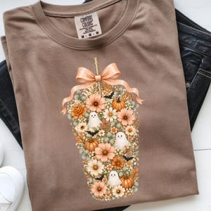 Coquette Floral Coffee Cup Halloween Png, Cute Ghost Pumpkin Bow Fall Tee, Comfort Colors Boho Autumn Design Pumpkin Spice Top