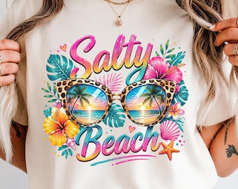 Salty Beach PNG Sublimation Design, Tropical Leopard Sunglasses & Hibiscus Flowers, Colorful Summer Beach Vacation Vibes, Instant Download