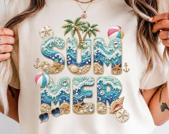 Summer PNG Sublimation Design, Faux Embroidery Beach Shirt Design, Coastal Summer Vibes PNG, Ocean Waves Digital Download