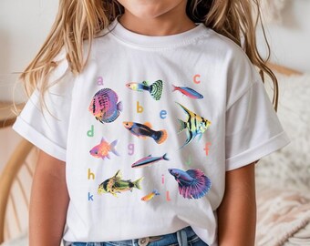 Colorful Fish Alphabet PNG Digital Download, Kids Aquarium Sublimation Design, Toddler Fish Shirt DTF Print, Cute Ocean ABC Children Tee